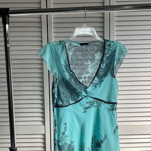 Floral Blue Shirt with Black Lace Accents